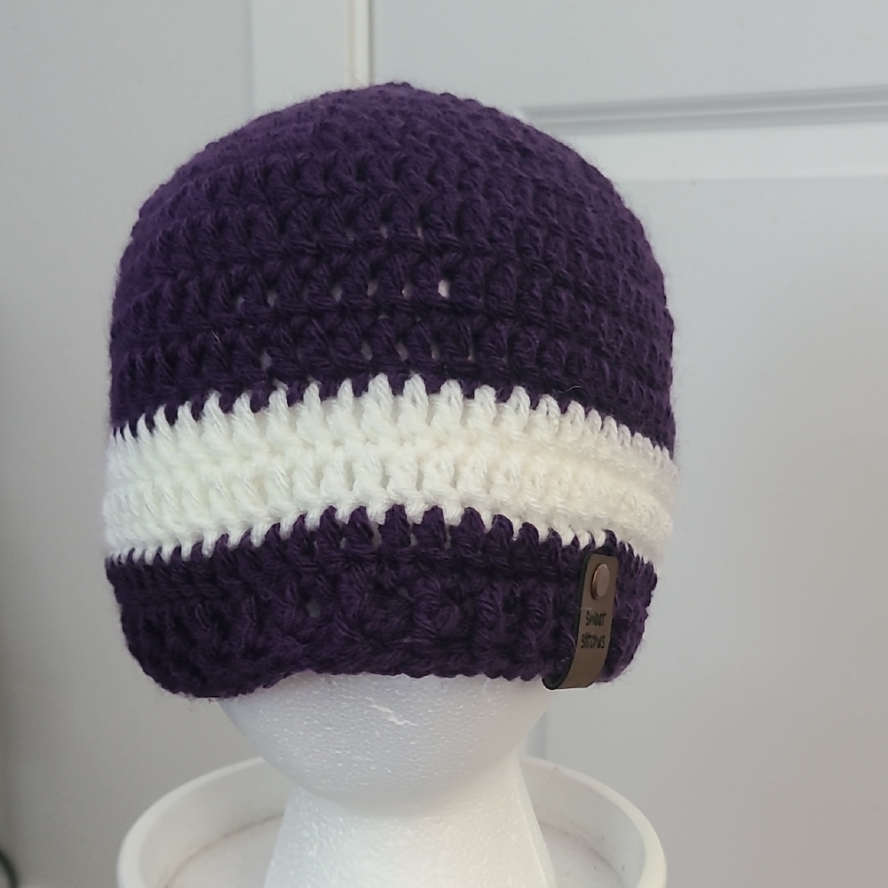 Purple and White Crochet Beanie